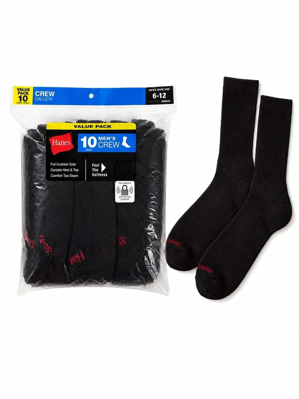 Hanes Black Cushion Comfort Crew Socks 10 Pair Pack Shoe Size 6-12 Sealed NWT